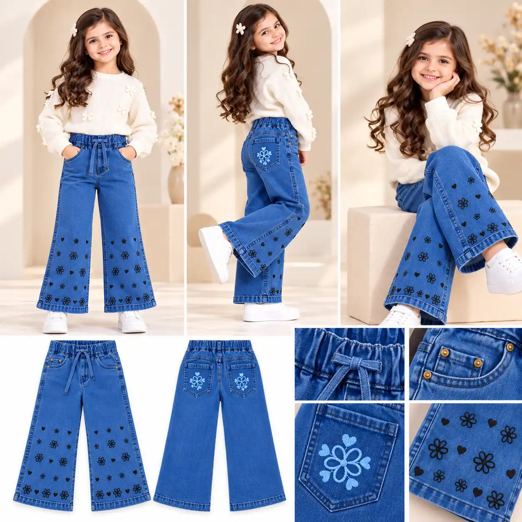 Imported Flower & Heart Embroidered Jeans